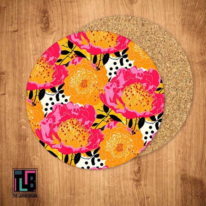 Pink and Orange Abstract Peonies Coaster