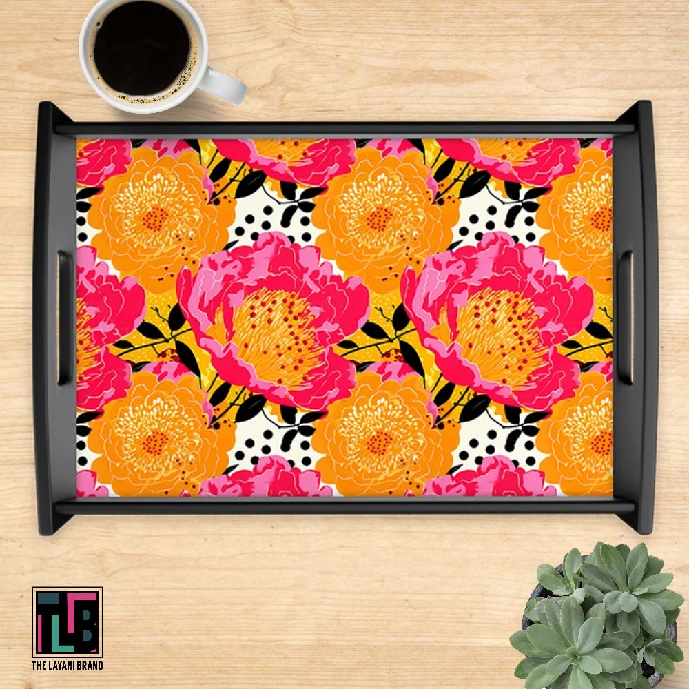 Pink and Orange Abstract Peonies Skinny Serving Tray