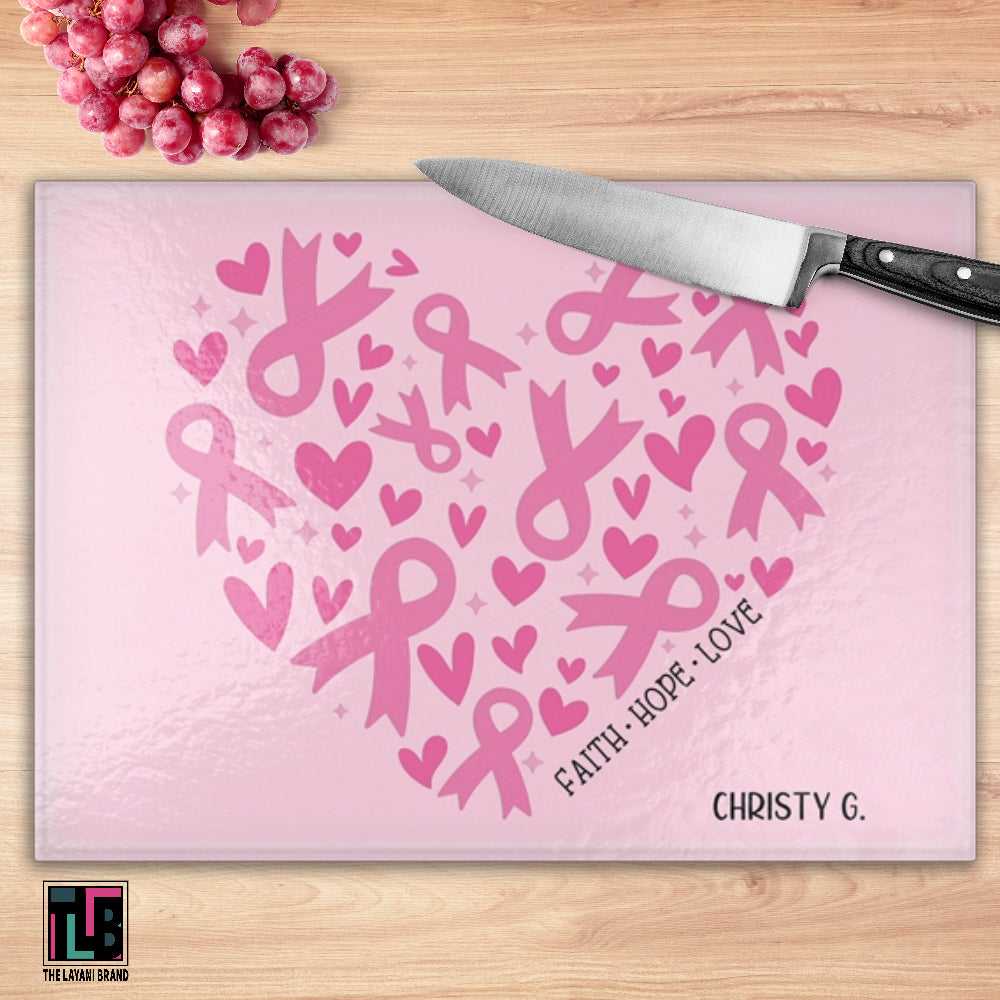 Faith Hope Love Ribbons and Hearts Breast Cancer Awareness Cutting Board