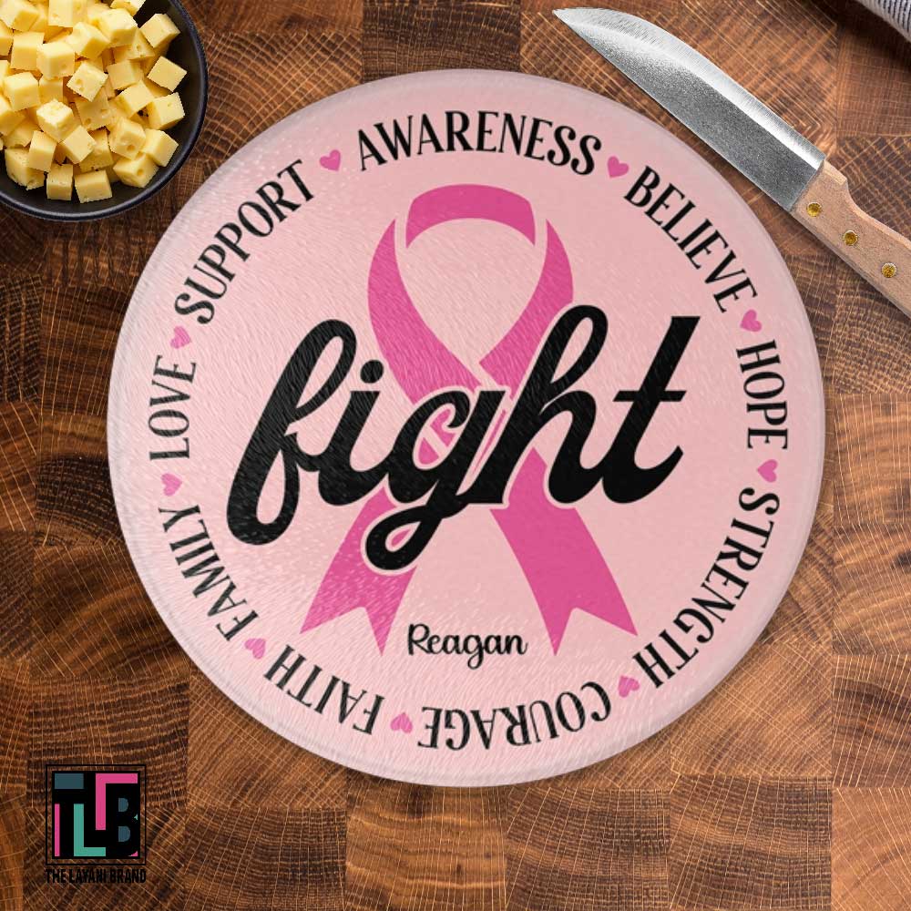 Fight Ribbon Motivation Circle of Words Breast Cancer Awareness Glass Cutting Board
