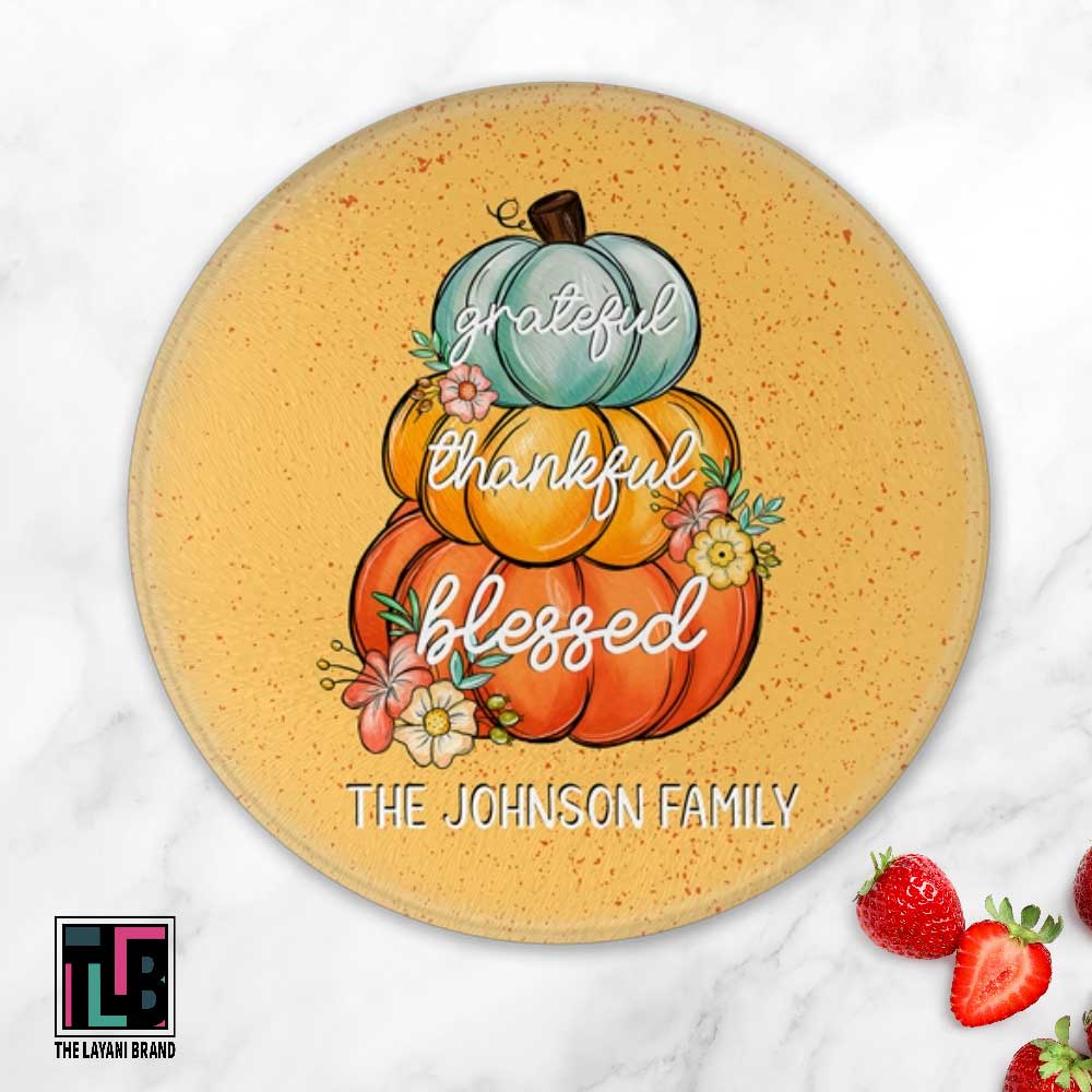 Grateful Thankful Blessed Fall Stacked Pumpkins Glass Round Cutting Board