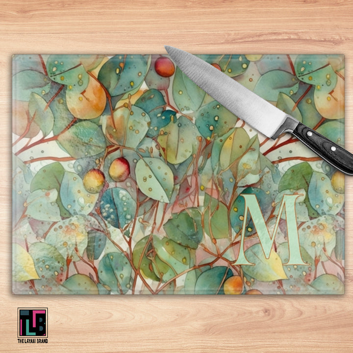 Watercolor Eucalyptus Leaves Glass Cutting Board