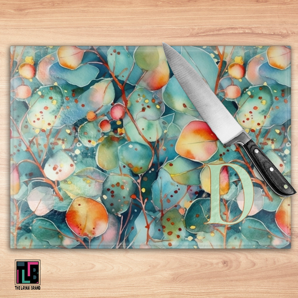 Watercolor Eucalyptus Leaves Glass Cutting Board