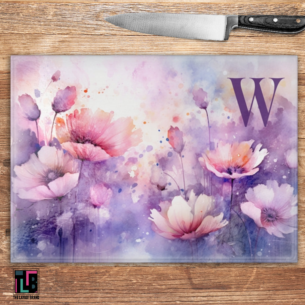 Watercolor Purple And Pink Flowers Cutting Board