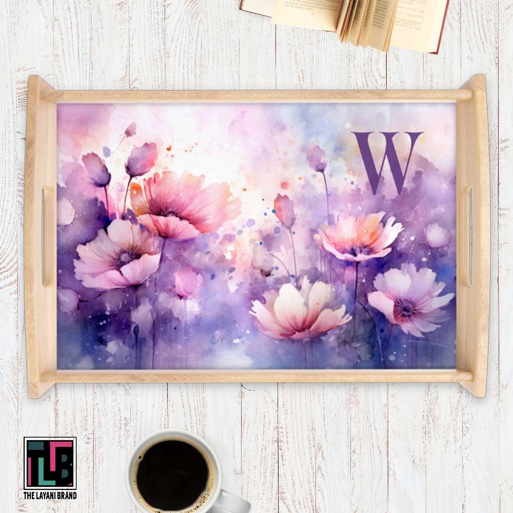 Watercolor Purple and Pink Flowers Serving Tray