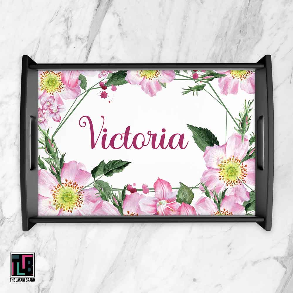 Dog Roses Floral Personalized Wooden Serving Tray