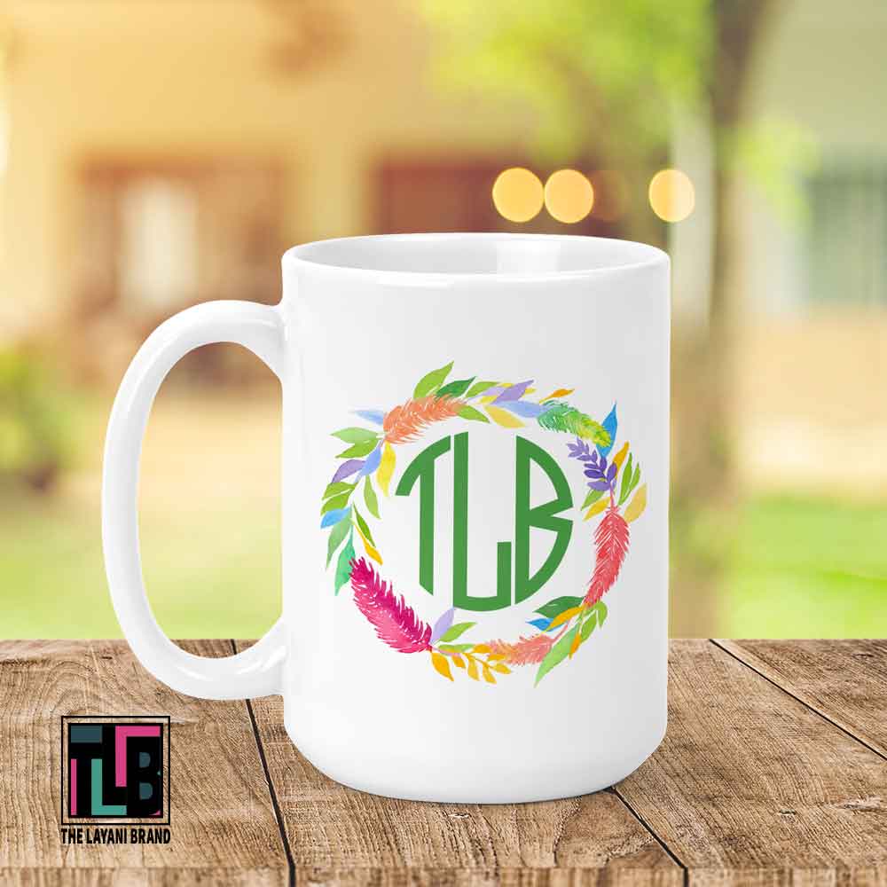 Watercolor Feather and Leaves Monogram 15 Ounce Mug
