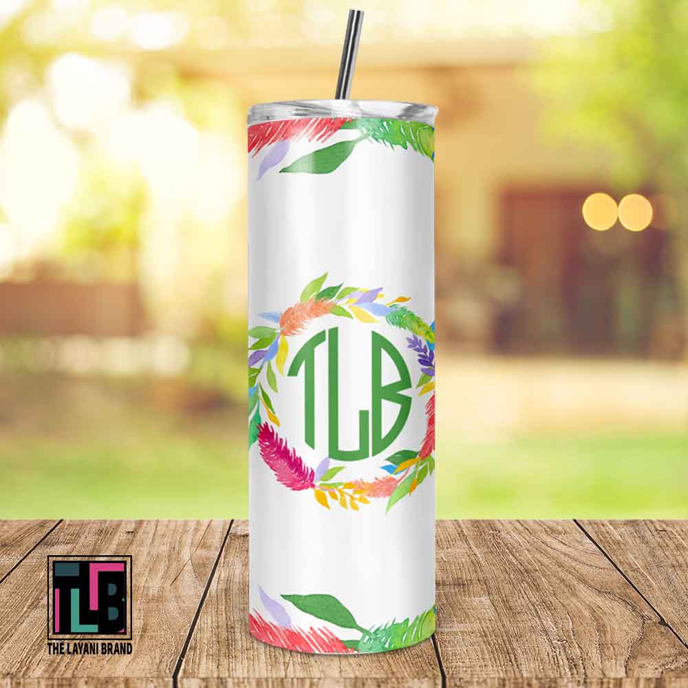 Watercolor Feather and Leaves Monogram 20 Ounce Skinny Tumbler