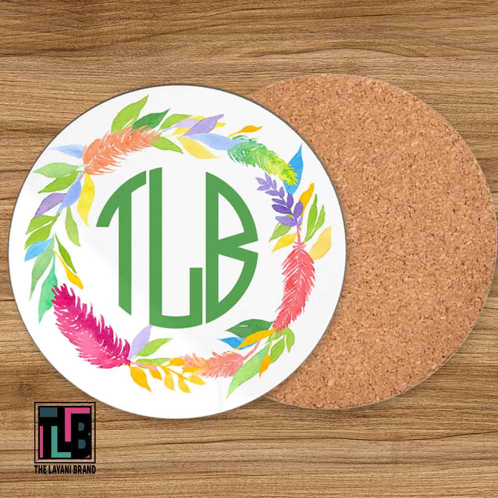 Watercolor Feather and Leaves Monogram Hardboard Coasters