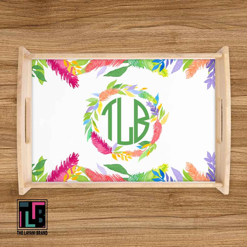 Watercolor Feathers and Leaves Monogram Serving Tray