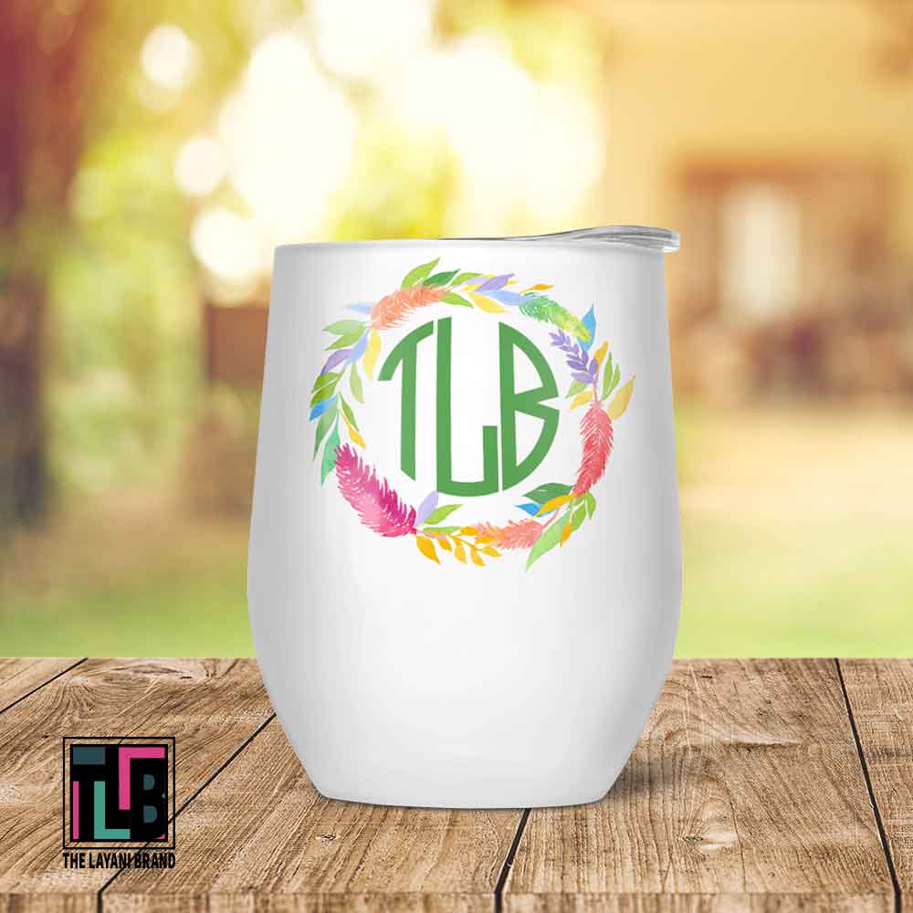 Watercolor Feather and Leaves Monogram Wine Tumbler